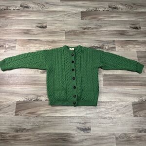 Carraig Donn Made in Ireland Irish Merino Wool Green Cable Knit Cardigan Size XS